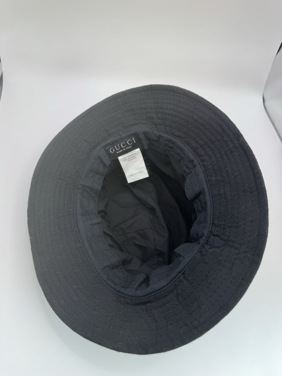Gucci Black GG Monogram Bucket Hat Web Stripe Logo Made in Italy