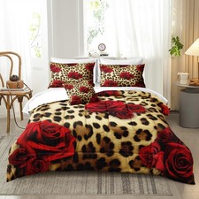 MOVE OVER Cheetah Print Comforter Set Red Rose Flower Bedding Set 8 Pieces Q...