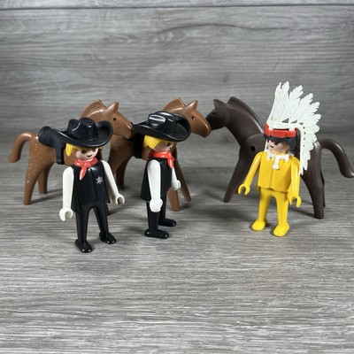 Vintage 1974 Playmobil Geobra 2 Sheriffs & Native American w/ Horses Lot.