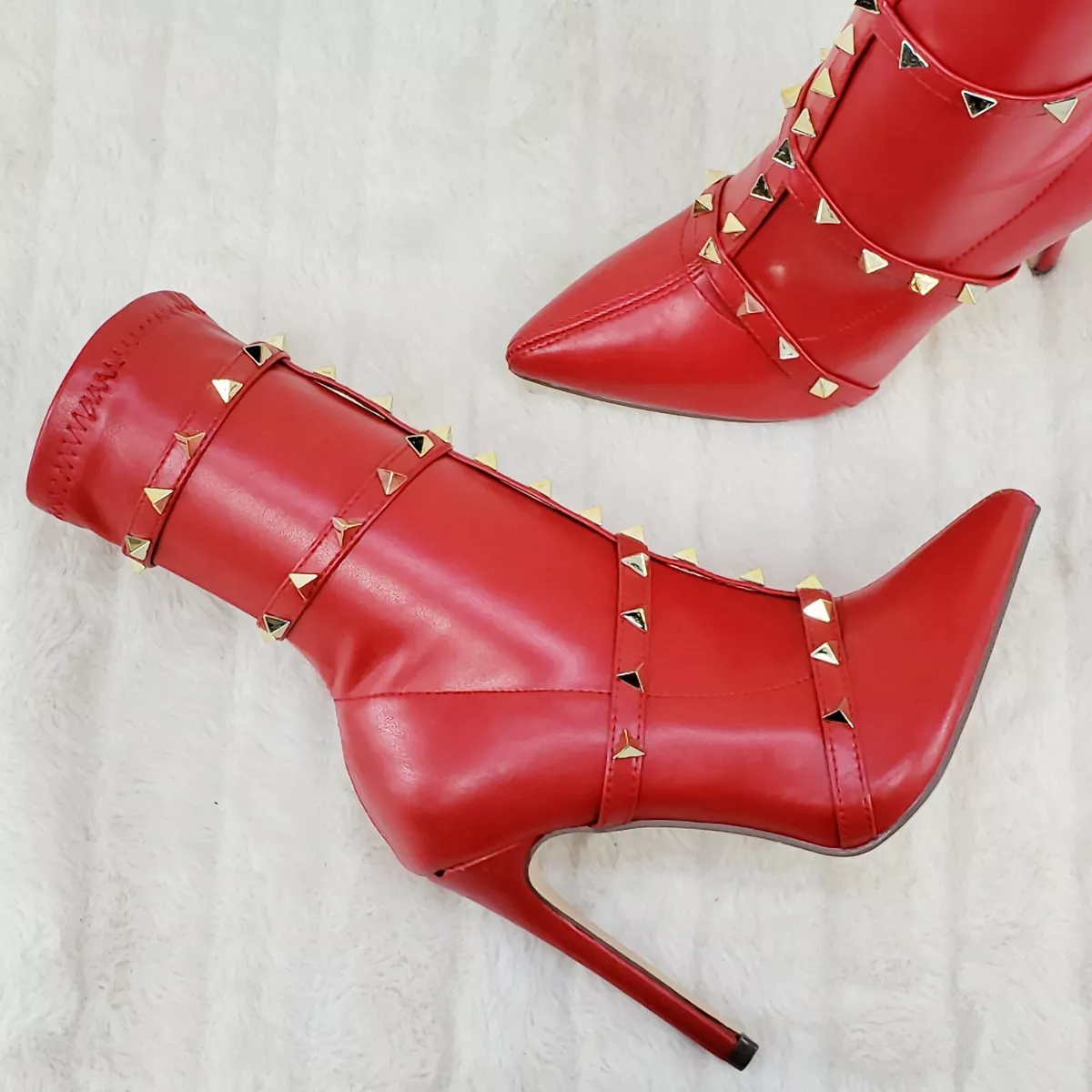 Mark Pyramid Stud Strap High Heel Pointy Toe Stretch Ankle Boots