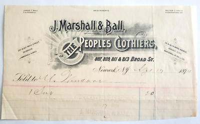 1894 Invoice, J. Marshall & Ball, The Peoples Clothiers, Newark, New Jersey