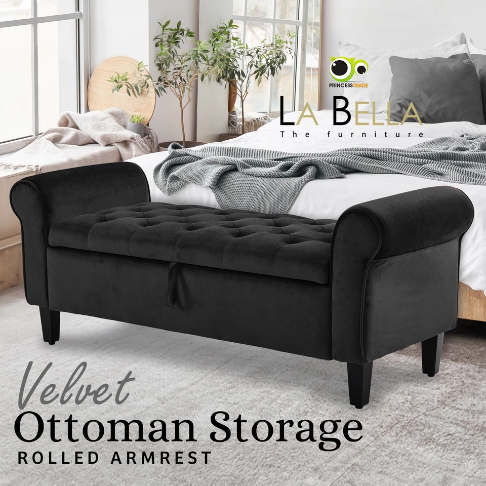 Storage Ottoman Bench Seat Blanket Chest Arm Couch Bed Foot Stool Velvet Large 