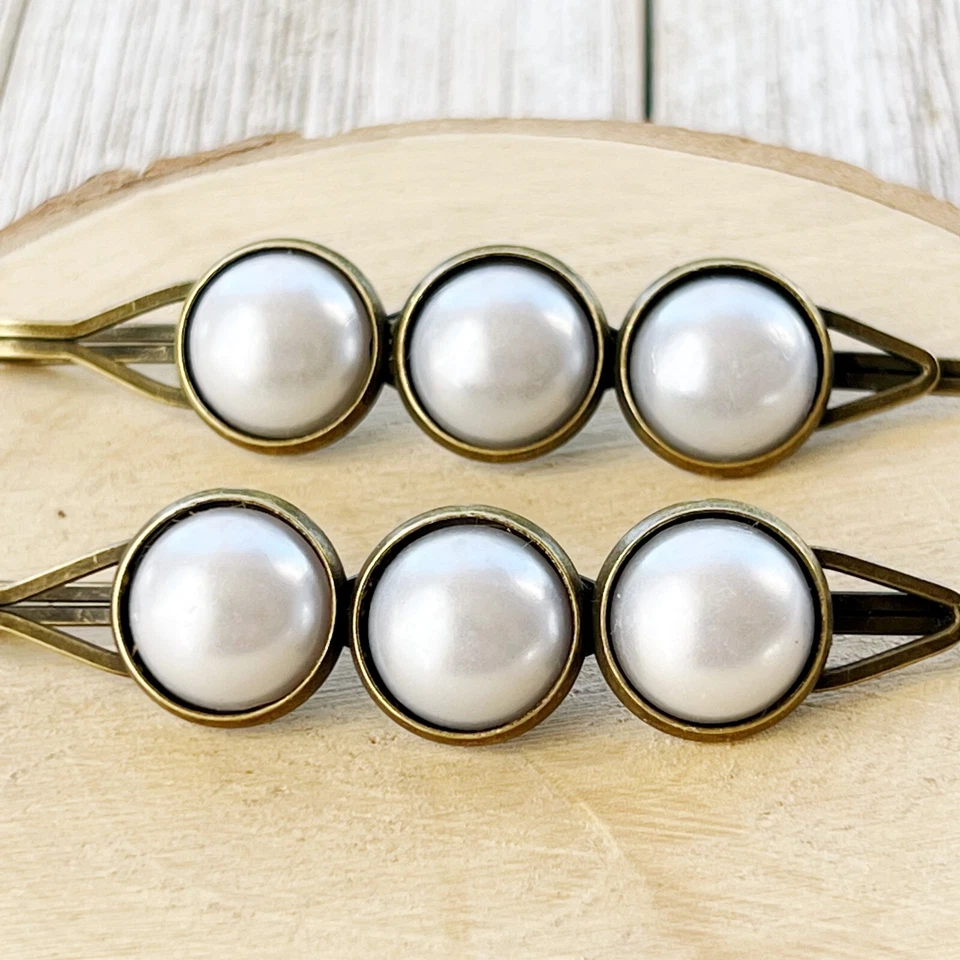 Silver White Pearl Hair Clips, Antiqued Bronze Barrette, Wedding Hair Jewelry - Image 3 of 4