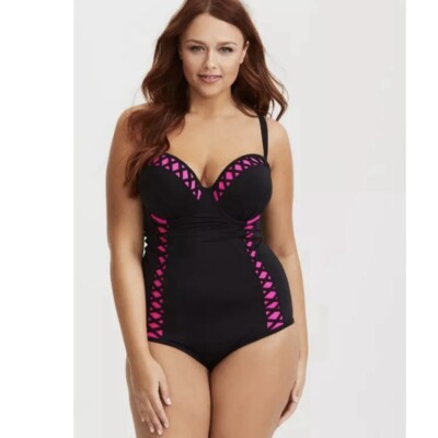NWT Torrid Black Lattice & Pink Peekaboo Push-Up Demi Swimsuit Size 2X