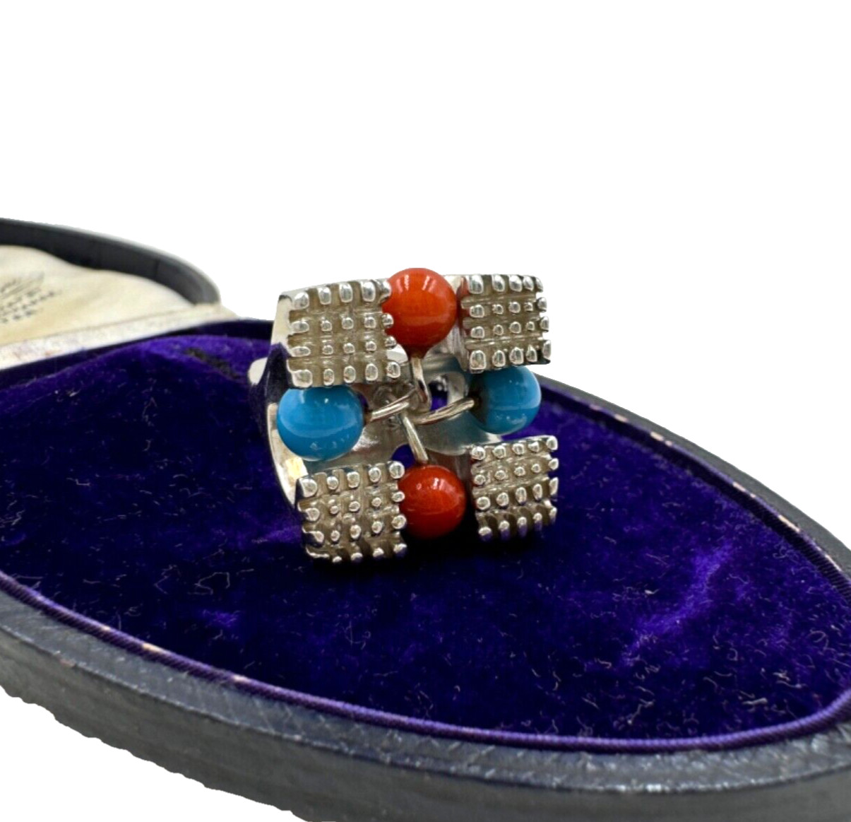 GORG SETTING STERLING SILVER LARGE RING CORAL BLU… - image 5