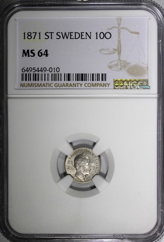 Sweden Carl XV Adolf Silver 1871 ST 10 Öre Last Year Type NGC MS64 KM# 710 (010) - Picture 2 of 5