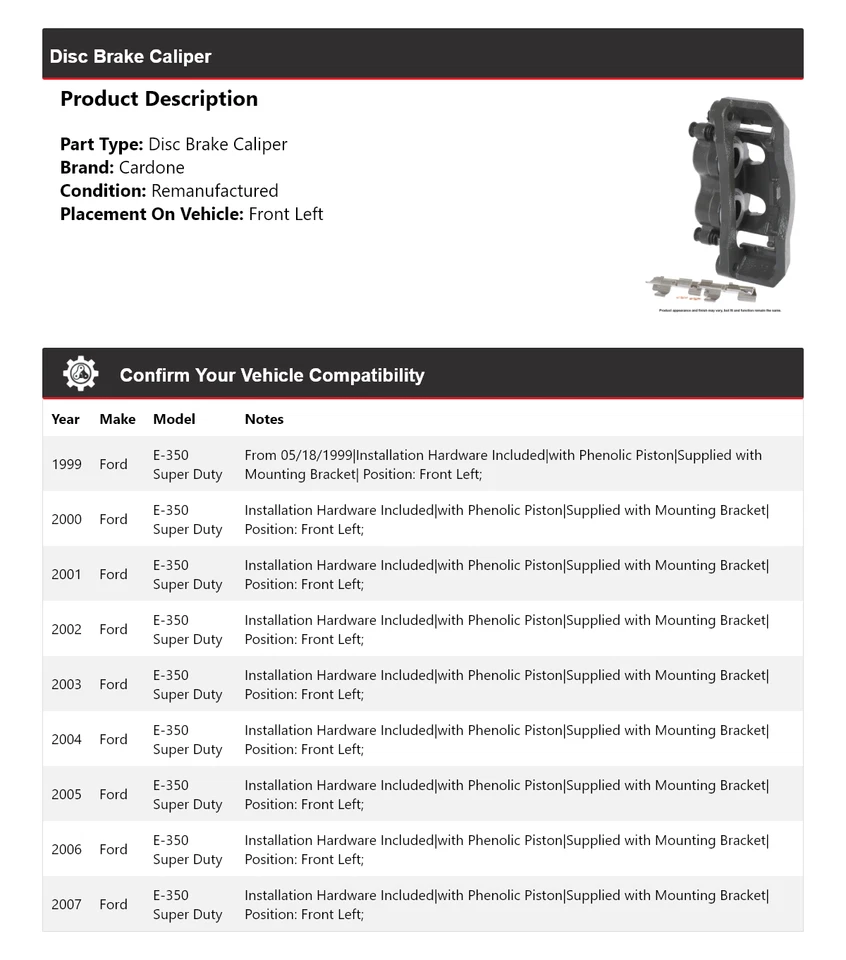 Para 1999-2007 Ford E-350 Super Duty pinça de freio a disco dianteira esquerda Cardone 2000 - Imagem 2 de 4