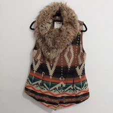 Dylan By True Grit Western Wool Vest Faux Fur Collar Size Med Yellowstone Look