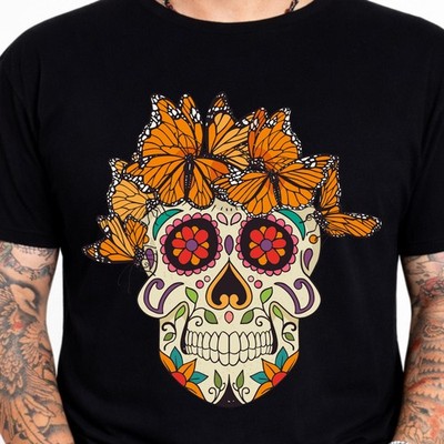 Sugar Skull T-Shirt Monarch Schmetterling Tag der Toten Blumen Gothic Geschenk Shirt .