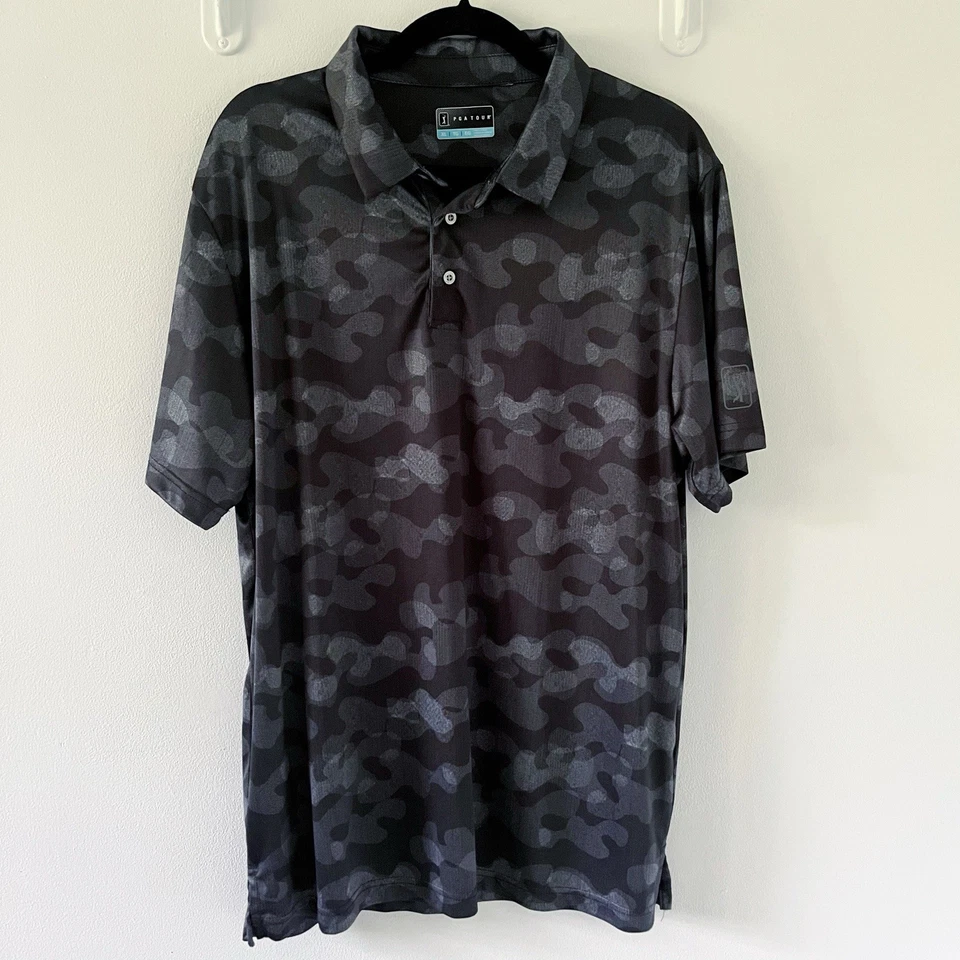 PGA Tour Shirt Mens XL Black Grey Camo Performance Golf Polo Camouflage Shirt - Image 2 of 4