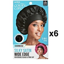 KISS Satin Hair Bonnet Wide Edge Reversible Black/Pink X-Large 6 Pack