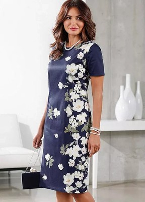 Freemans Witt Navy Blue Blumenmuster Kurzarm Kleid Größe UK 24 Plus (fm219-12)