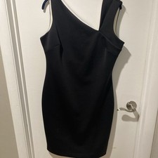 Calvin Klein Little Black Dress Size 14 Stretchy Sexy Body Zipper Asymmetrical