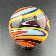 Contemporary Handmade Art Glass Marble 1.14" Yellow Orange Red Blue Sparkly MIB
