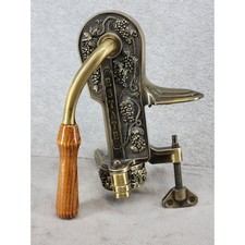 Estate Brass Wine Bottle Opener Countertop Table Mount Grapevine Wood Handle