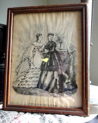 antique FRAMED GODEY PRINT MIRROR fashion VICTORIAN Heloise LeFoir two women