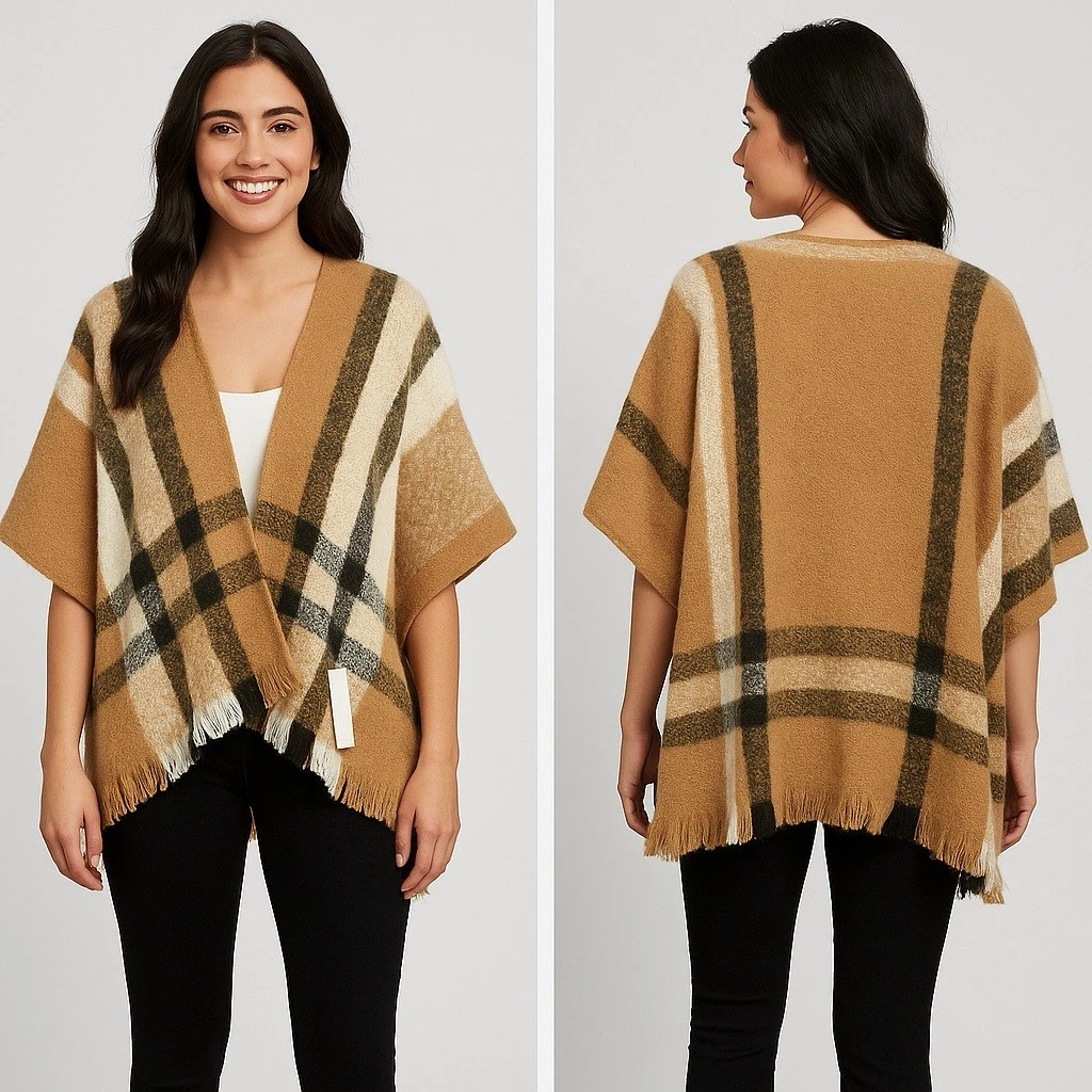 NWT Nine West Women Sweater Brown Plaid Knit Open Poncho With Fringe Trim One Sz