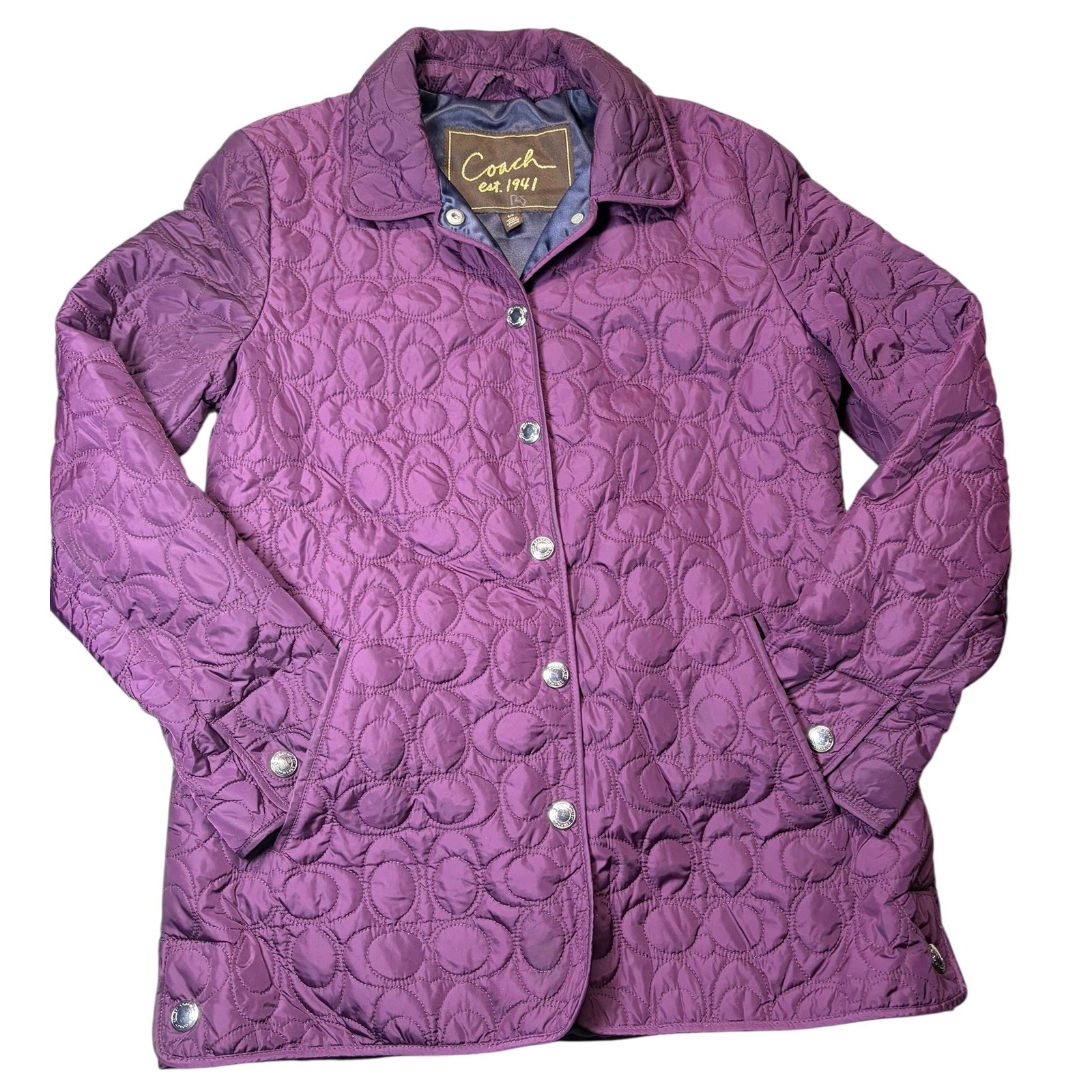 Coach Signature Quilted Jacket Women's Small Plum Snap Front Puffer Coat