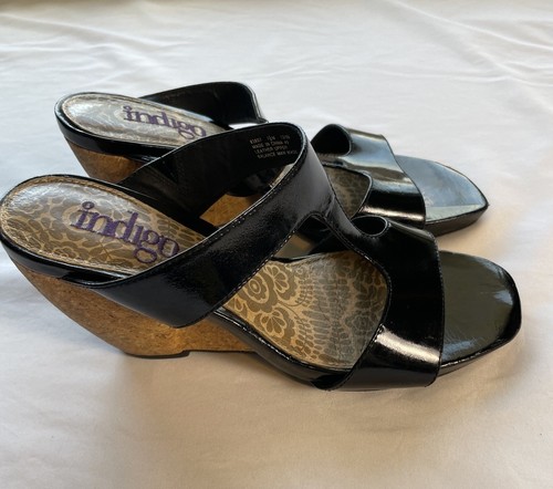 Indigo by Clarks Damen-Slipper schwarz Leder Keilabsatz Korkabsatz Größe 7,5 M - Bild 1 von 16