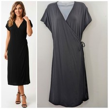 Eileen Fisher Black Large Dress Cap Sleeve Wrap Around Midi Stretch Any Occasion