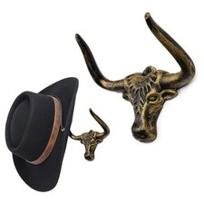 Cowboy Hat Hooks for Wall 2 Pack Bull Head Metal Cowboy Hat 2Pack Antique Gold