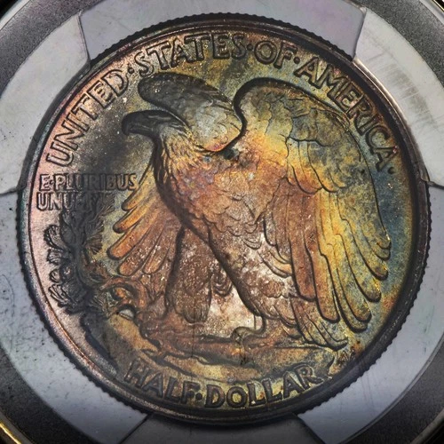 1943 WALKING LIBERTY HALF DOLLAR ✪ RAINBOW TONED ✪ 50C COIN PCGS UNC DETAILS A