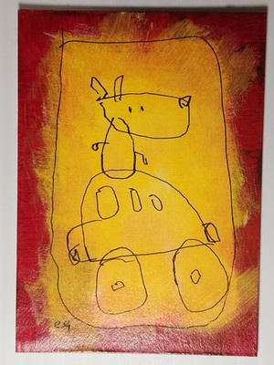e9Art ACEO dog on car outsider art brut naive