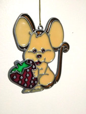 VTG ADORABLE Stained Glass Sun Catcher Mouse Holding BIG Strawberry