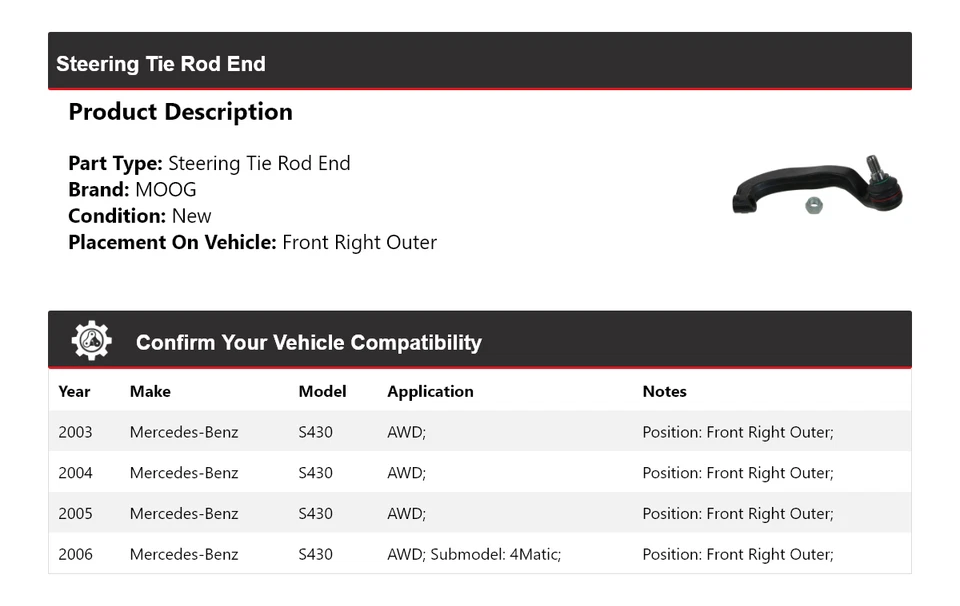 Para Mercedes-Benz S430 2003-2006 AWD extremo de barra de dirección delantero derecho exterior MOOG Foto 2 de 4