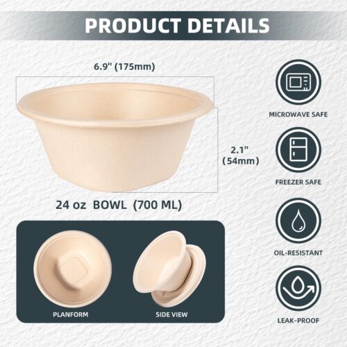 50 Pack 24 Oz Heavy Duty Disposable Paper Bowls Made From Natural Bagasse Ecof - Picture 2 of 8