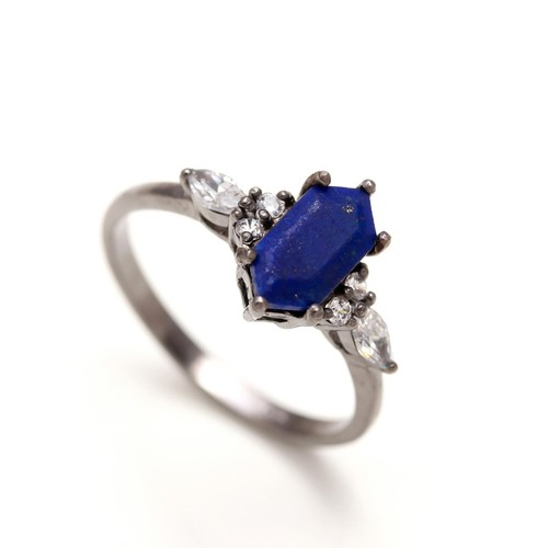 Natural Lapis Lazuli Hexagon Ring 925 Sterling Silver Black Oxidized Jewelry - Picture 2 of 8