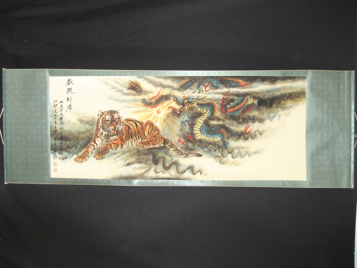 Old Chinese antique painting scroll dragon and tiger By