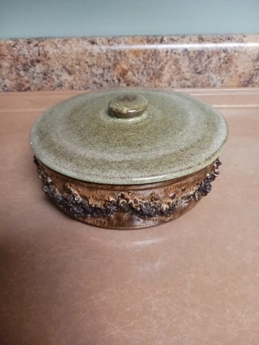 Vintage MCM GLIT Iceland Lava Rock Volcanic Art Pottery Bowl Lid Signed 7” Wide