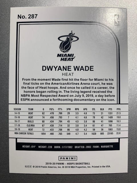 2019 20 NBA Hoops Tribute Dwyane Wade Basketball Card 287 Heat EBay