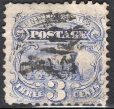 US Stamp Scott #114, 3c, Locomotive, Ultramarine, 1869, Used, SCV$16.00