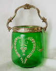 Ancien seau à biscuit en verre givré vert ,décor floral coeur émaillé