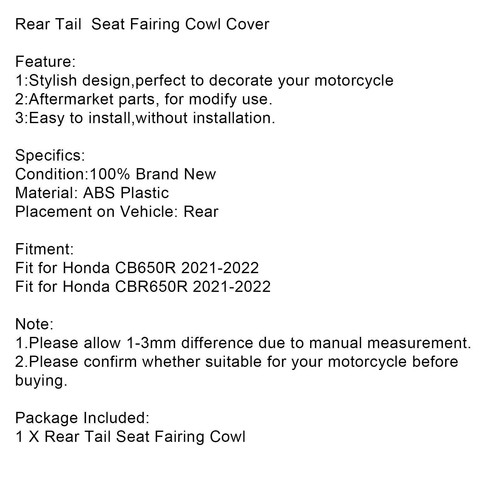 Rear Tail Seat Fairing Cowl Cover for Honda CB650R CBR650R 2021-2023 Black U3 - Picture 8 of 11