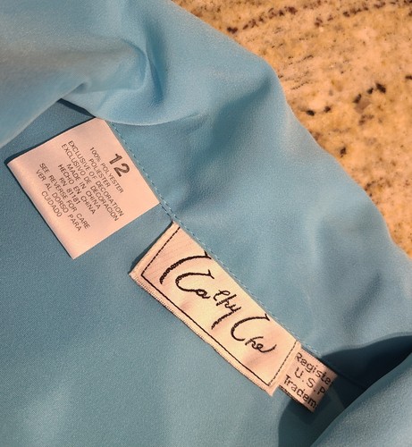 Vintage Kathy Che Size 12 Button Up Blouse Blue Polyester Office Pockets - Picture 9 of 13