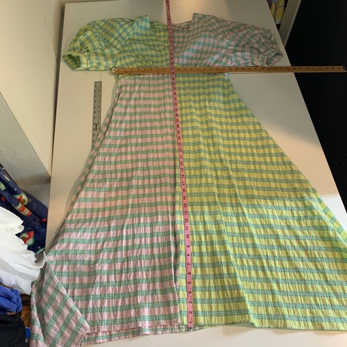 Topshop Dress Women 12 Plaid Contrast Checked Short Puff Sleeves Gauzy Midi - Picture 8 of 11