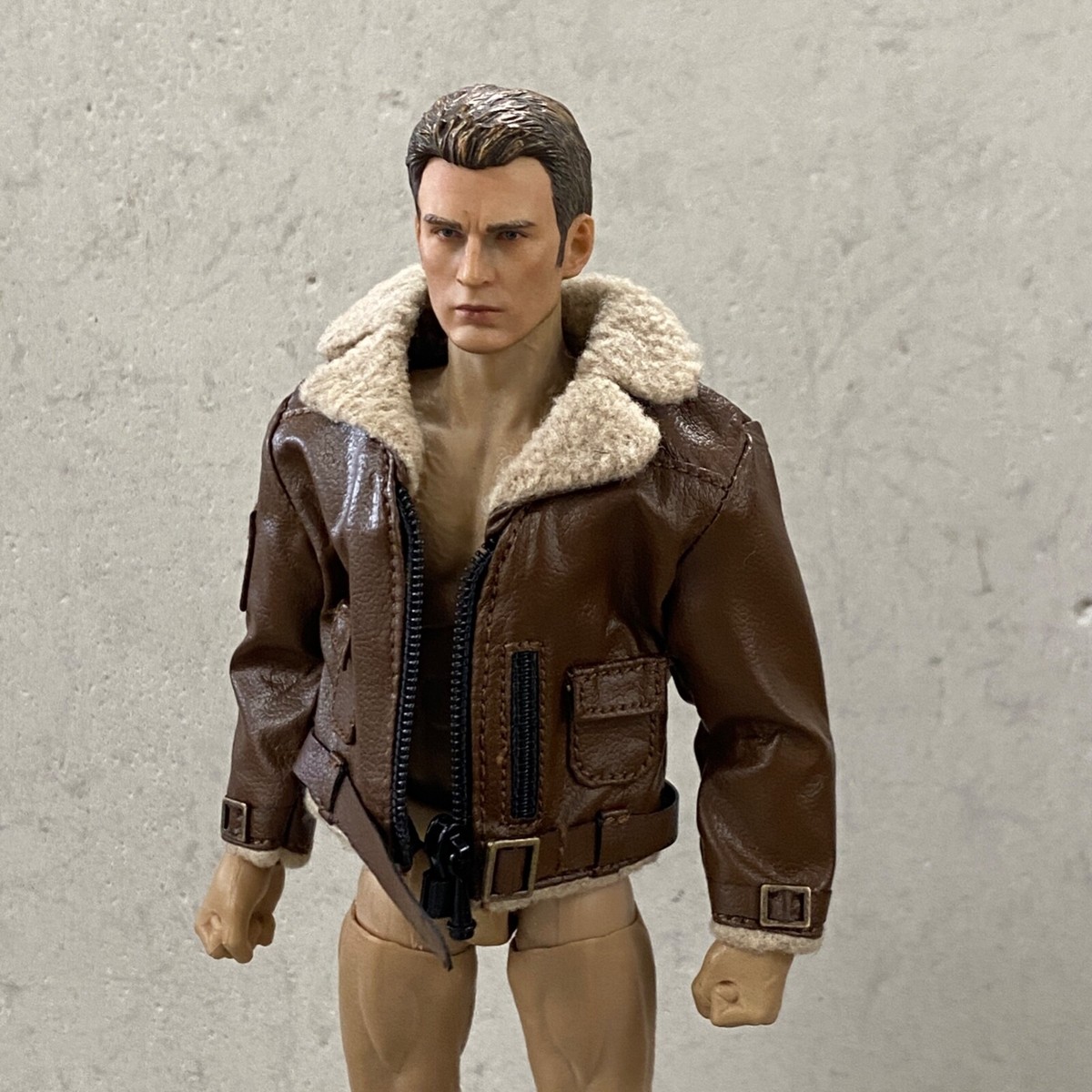 MO-FRJK-TN: 1/12 Brown Leather Zipper Jacket with Fur Collar for 6