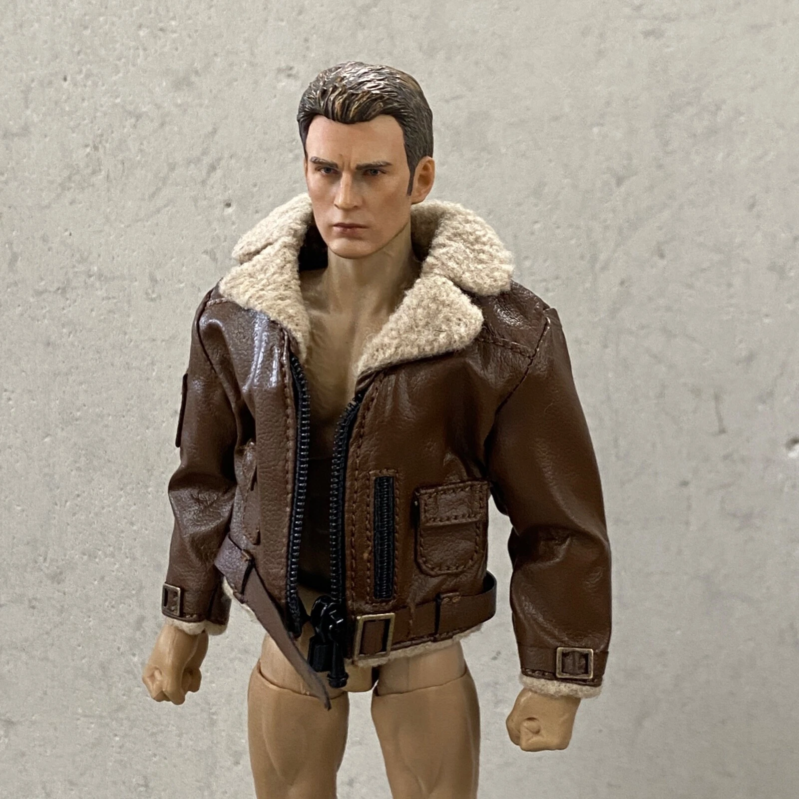 MO-FRJK-TN: 1/12 Brown Leather Zipper Jacket with Fur Collar for 6" slim body - product detail image 2