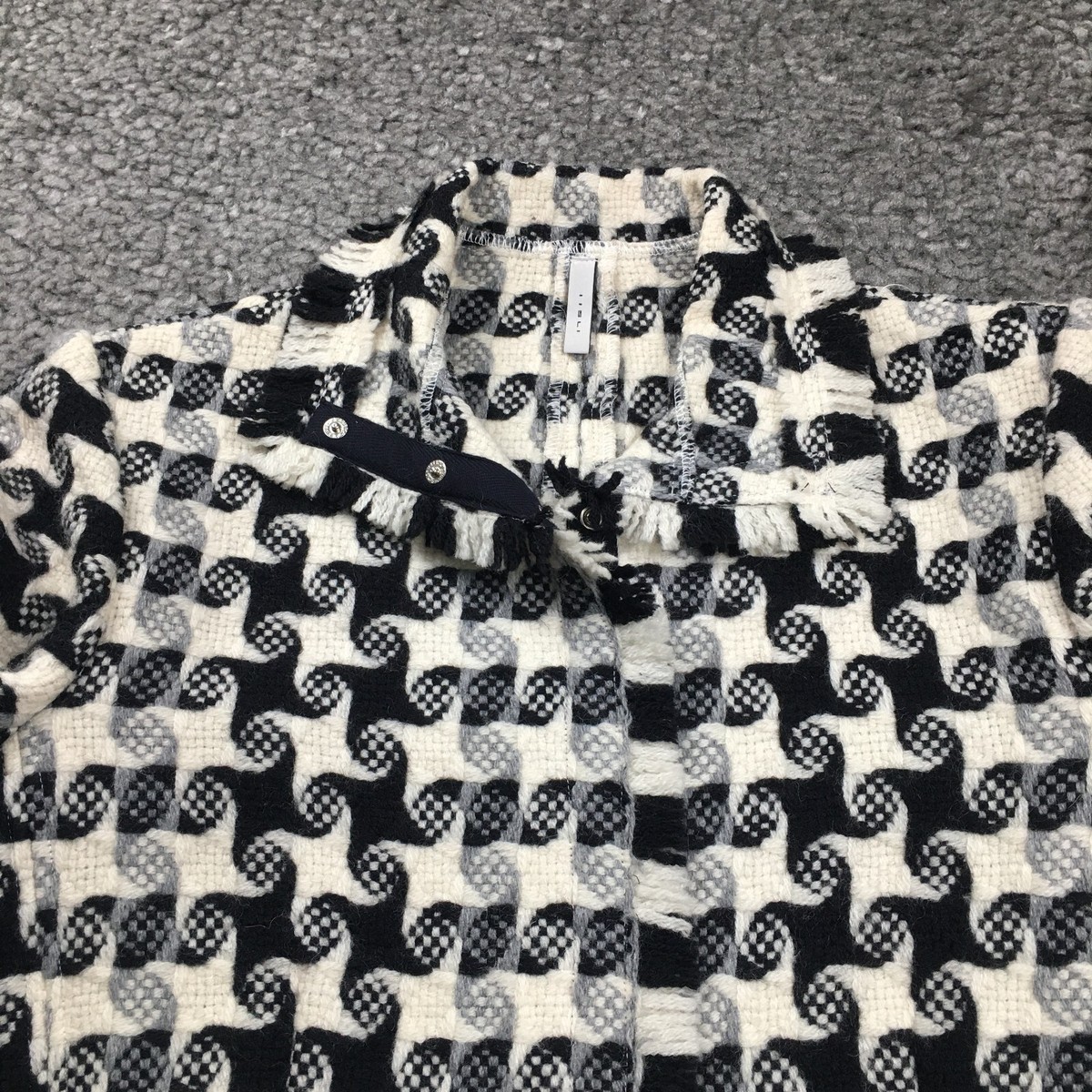 ルシア IISLI Womens Wool Blazer Sz 4 Black Ivory Houndstooth Print Snap