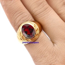Natural Garnet Gemstone with 925 Sterling silver Gold Plated Ring for Men #09