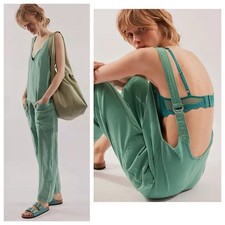 Free People High Roller Denim Jumpsuit overalls teal green relaxed fit sz small