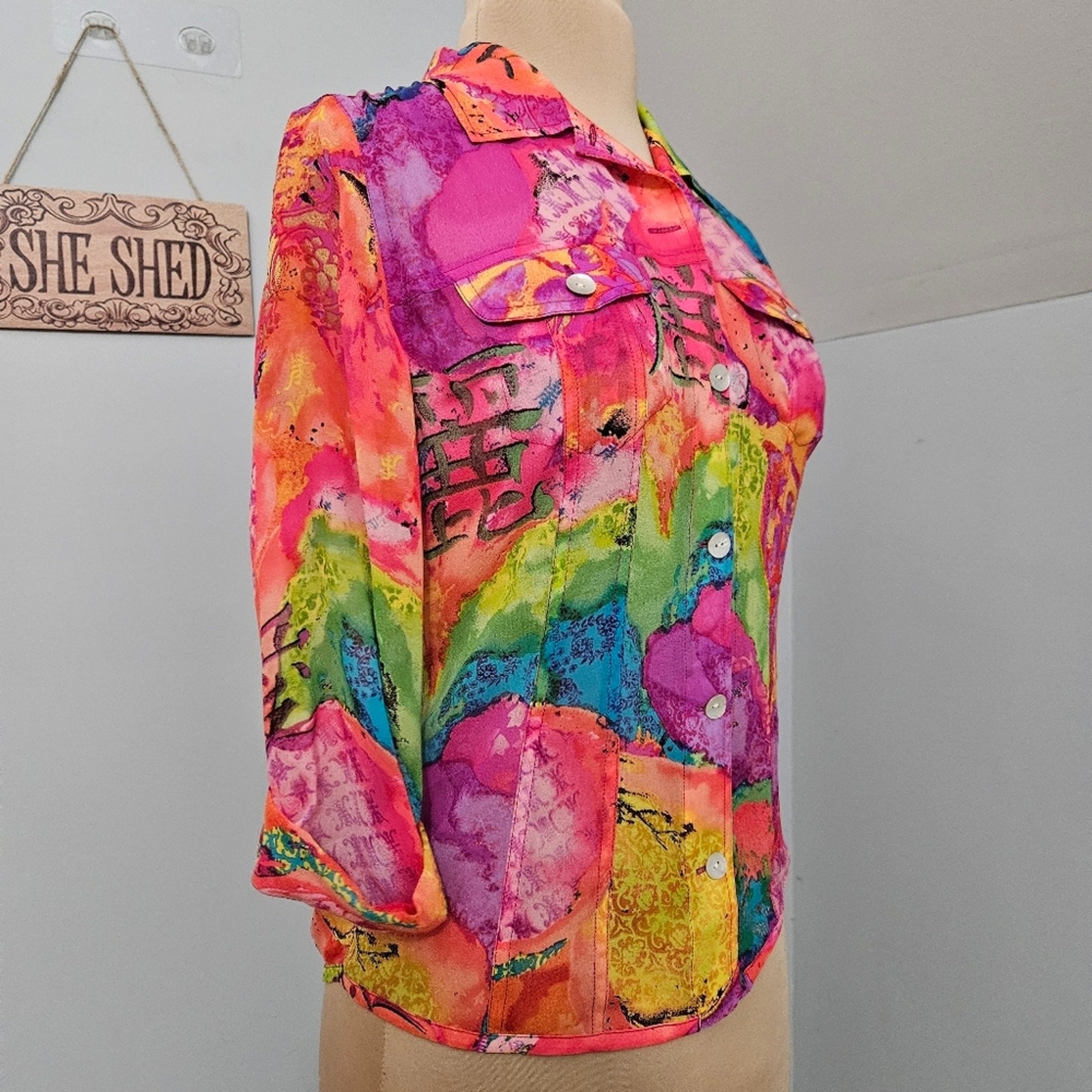 Chico’s Bright Silk Multicolor Button Front Blous… - image 3