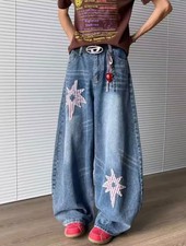 Men's Baggy Star Patch Jeans Y2K Vintage Blue Wide Leg Denim Streetwear Pants