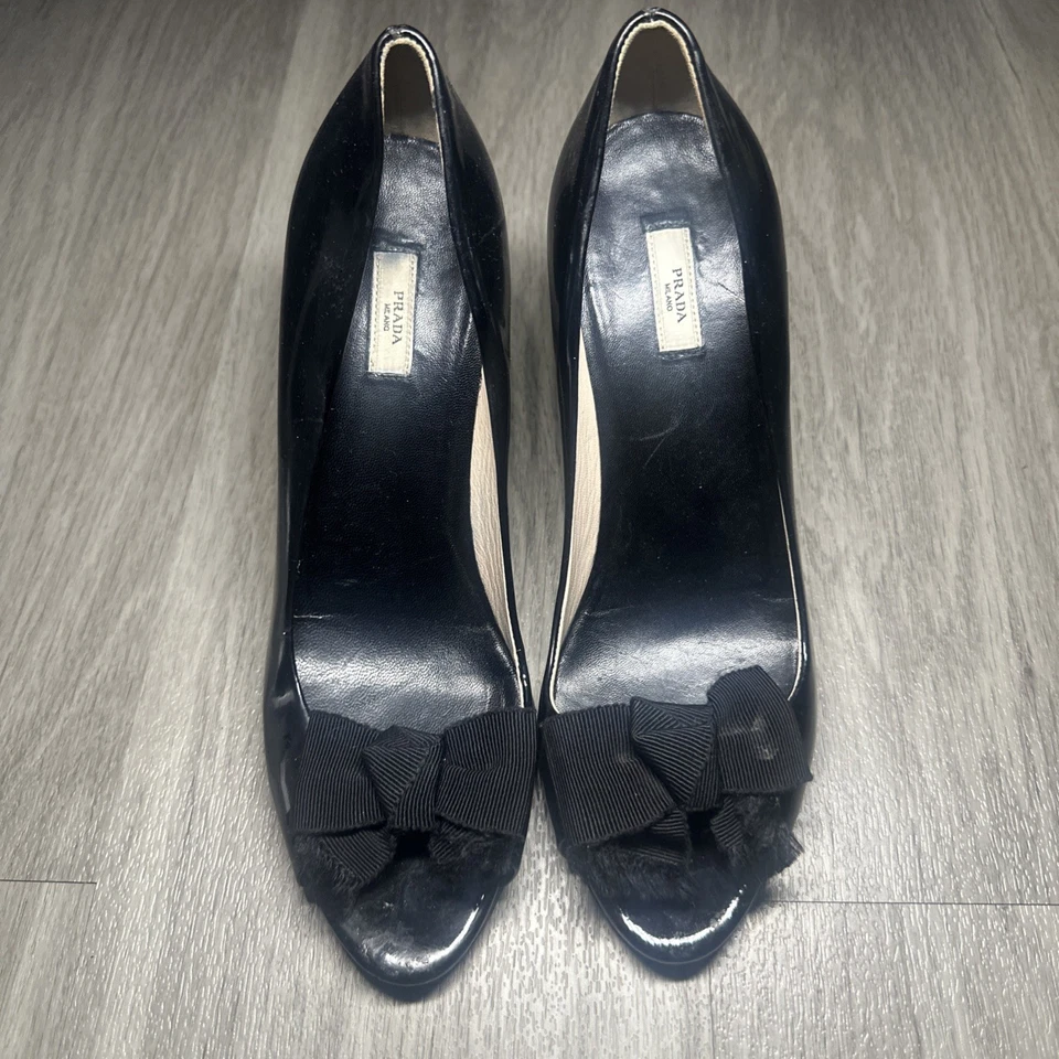 PRADA Womens Open Toe Kitten Heel Black Slip On Shoes W/Bow EURO 38.5 - Image 2 of 4