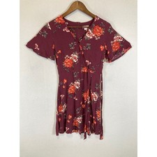 Boho Floral Xhilaration Women XS Burgundy Red Faux Wrap Mini Dress Short Sleeve