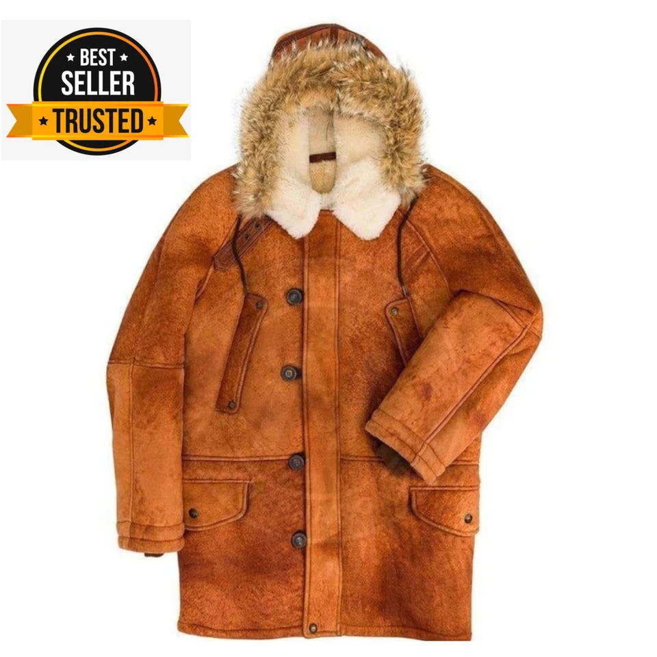 Abrigo largo de gamuza genuina de piel de oveja para hombre Chaqueta con capucha de invierno con forro de lana Foto 2 de 4