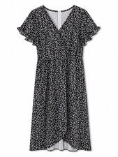 NWOT Women Midi Dress Black with White Floral Pattern V Neck Size Medium